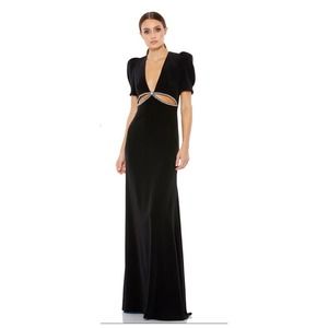 Ieena for Mac Duggal black cut out waist short puff sleeve long maxi party dress